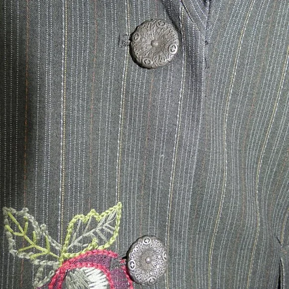 Embroidered Floral Pinstripe Blazer Size 8 Black Whimsigoth Boho Grunge Y2K - Picture 7 of 9